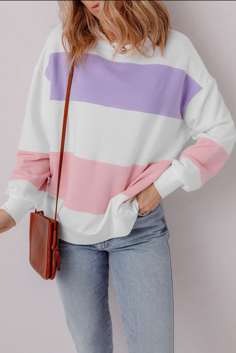 Beige Colorblock Patchwork Drop Shoulder Crewneck Sweatshirt - Love Salve
